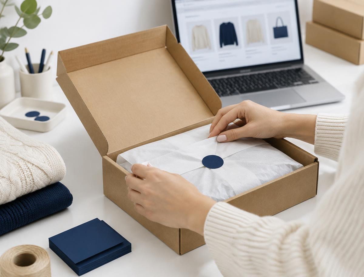 Commande emballée avec papier de soie dans un carton kraft